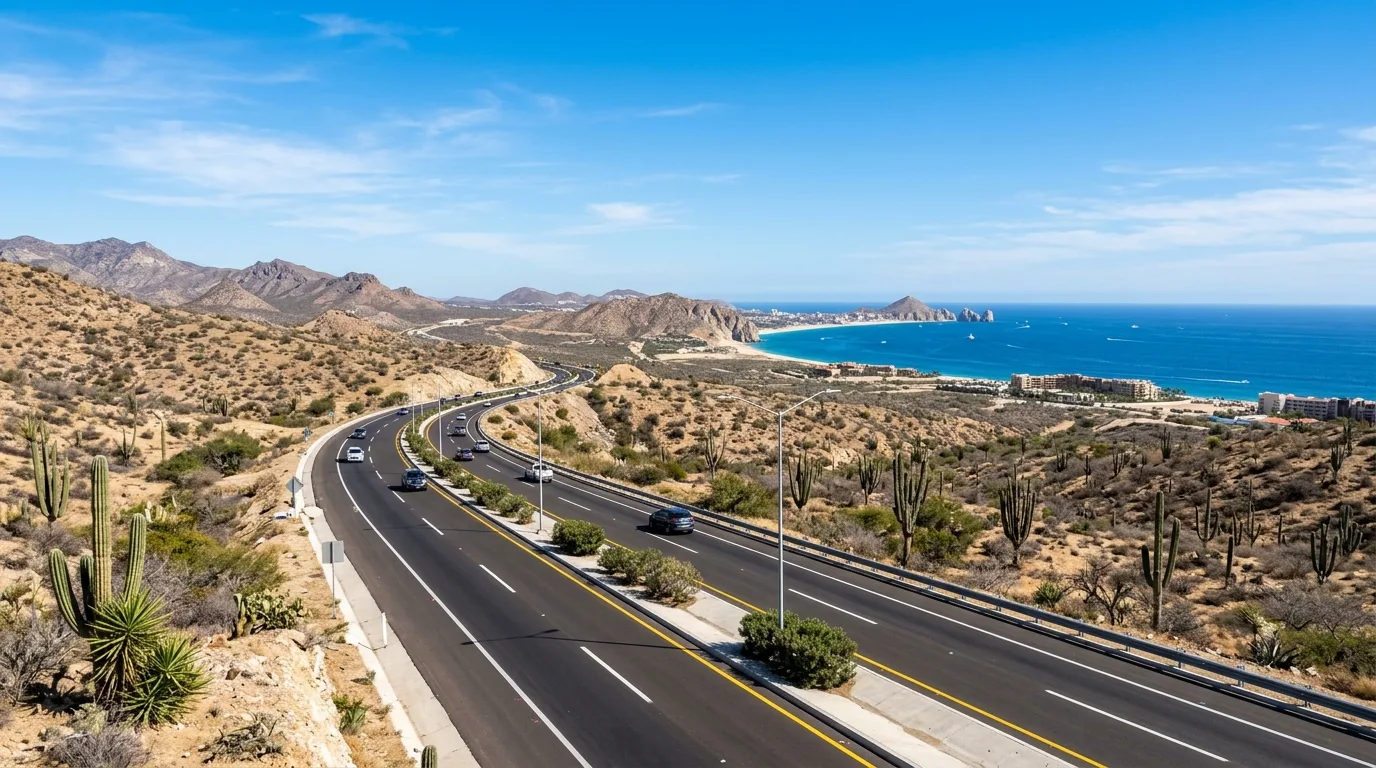 Scenic highway with desert landscape and ocean in Los Cabos, illustrating driving tips for Cabo San Lucas.