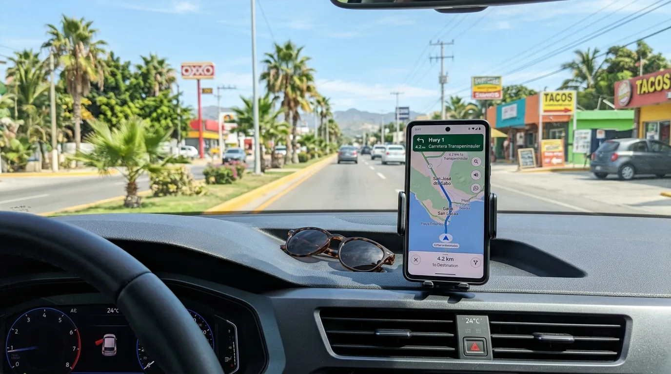 Essential Navigation for Driving in Cabo GPS navigation displaying a map of Los Cabos on a smartphone in a car, highlighting navigating Baja California Sur roads.