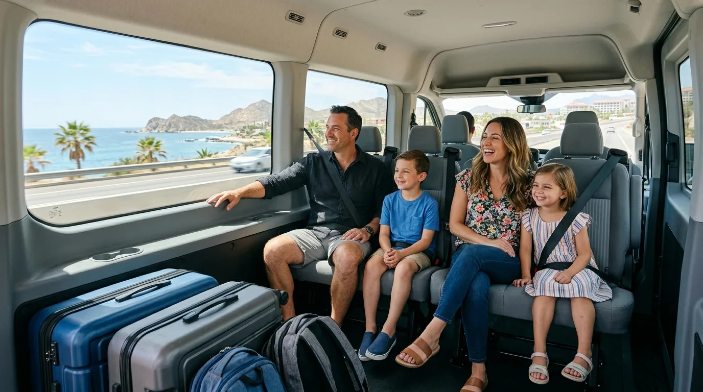 Stress-Free Family Travel with Private Shuttle Smiling family enjoying comfortable private airport transportation in a modern shuttle van in Los Cabos.