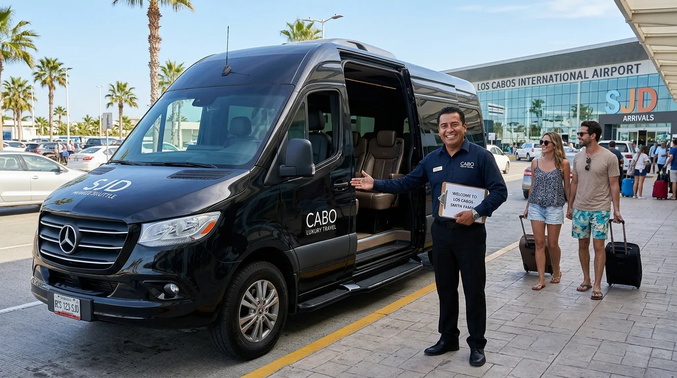 A modern, comfortable private shuttle van waiting at SJD Los Cabos Airport for arriving first-time visitors, with a professional driver ready to greet passengers.