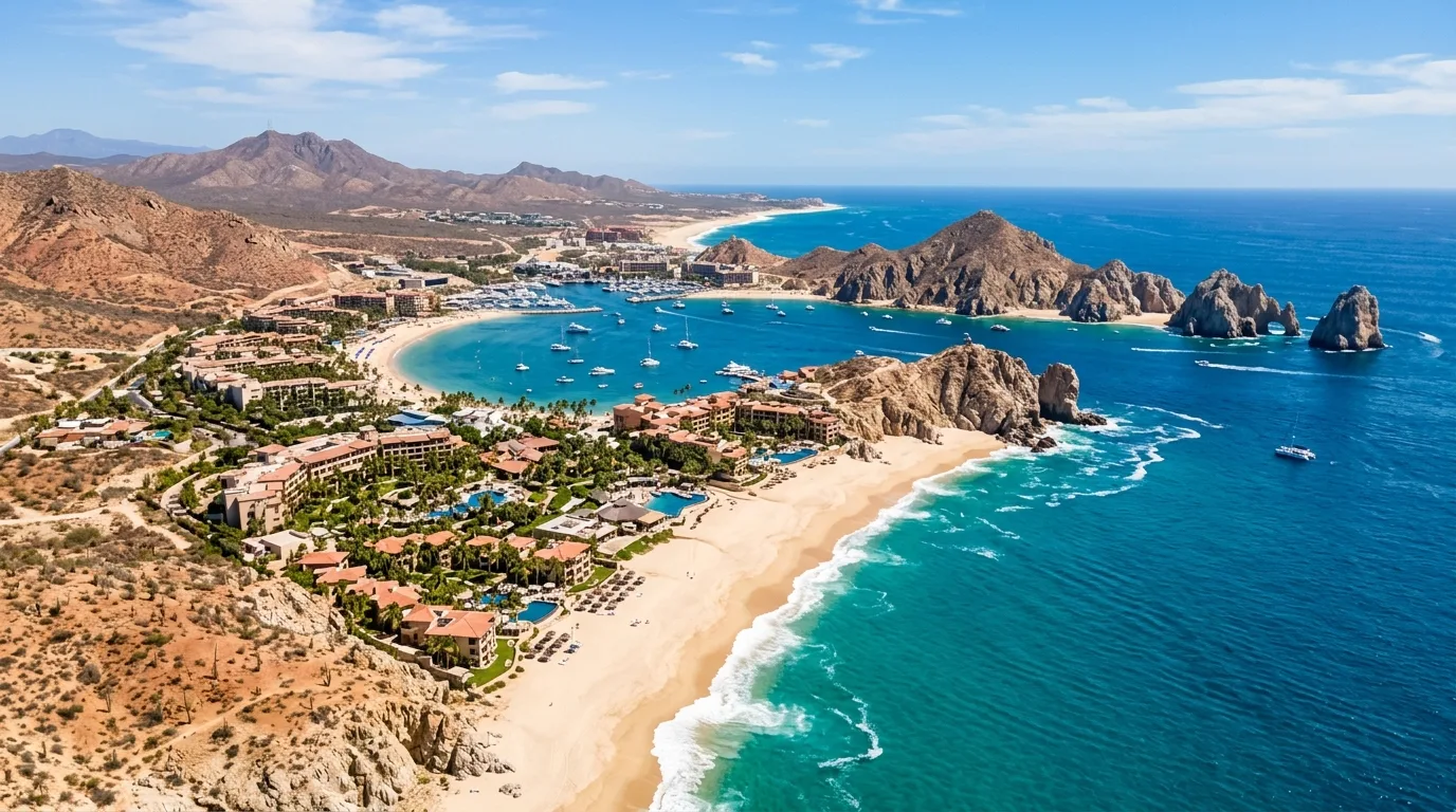 Stunning aerial view of the Los Cabos coastline, showcasing a beautiful beach, luxury resorts, and the iconic Arch (El Arco) at Land's End.