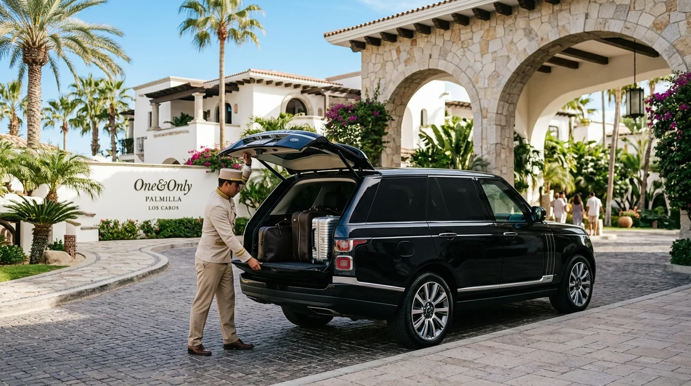 Luxury SUV private airport transfer waiting at a resort entrance in Cabo San Lucas.