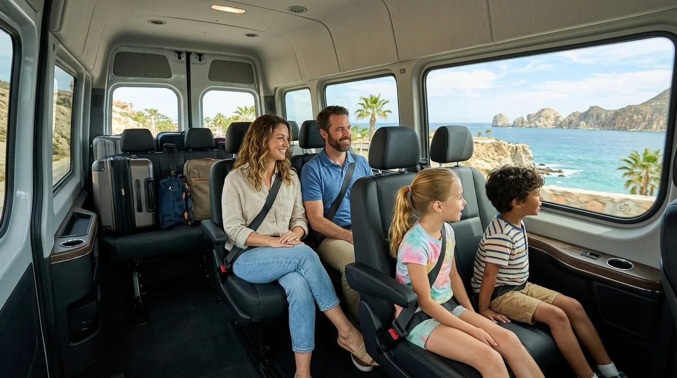 Family enjoying a comfortable private transfer in a spacious van in Los Cabos.