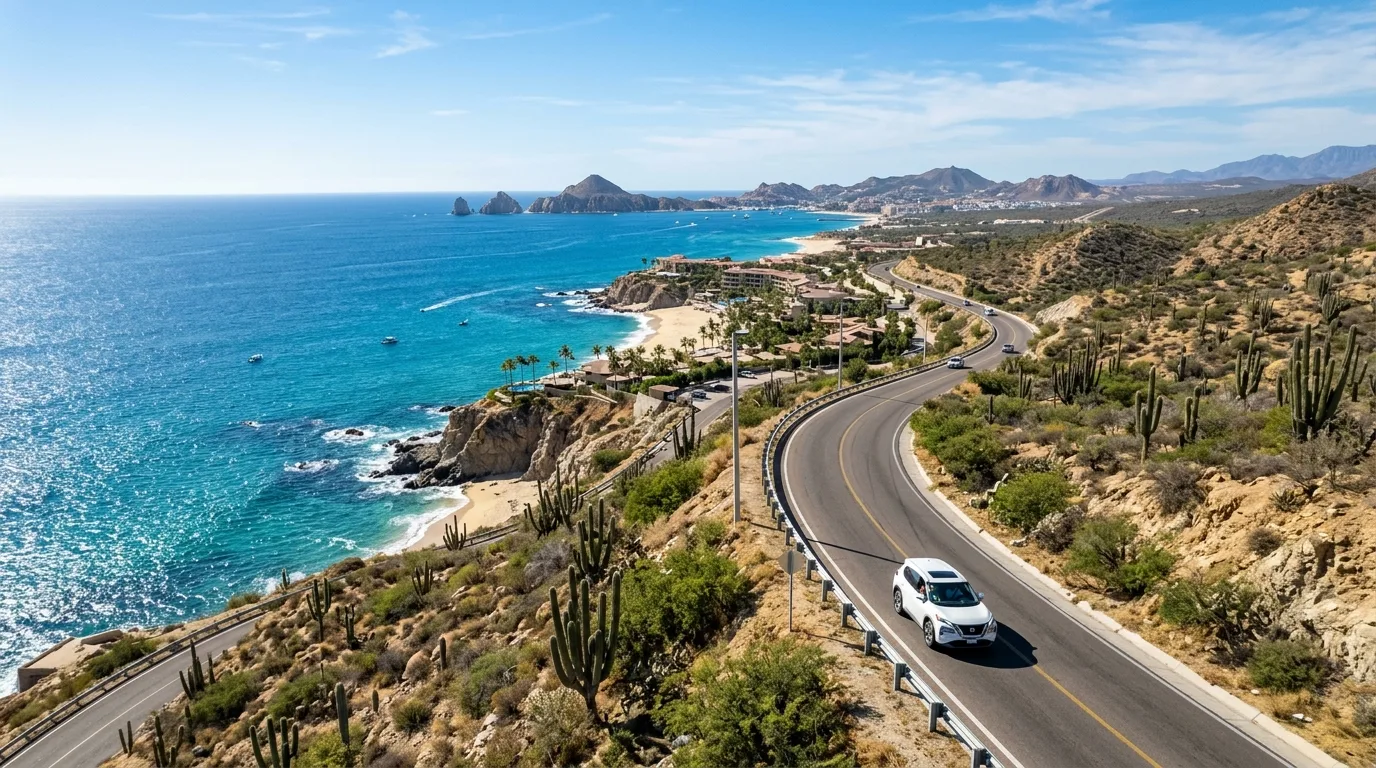 Rental car driving along the scenic Tourist Corridor highway in Los Cabos.