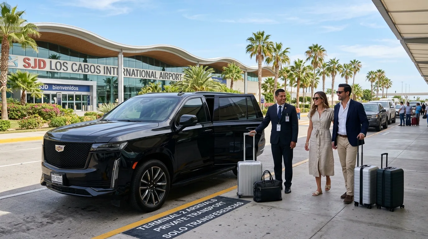 Chauffeur assisting travelers with luggage into a private luxury SUV at SJD Airport in Cabo San Lucas.