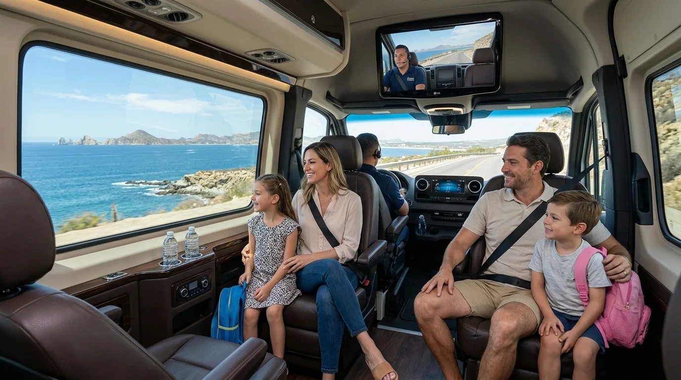 Comfortable Family Travel in Los Cabos Family enjoying a comfortable and safe private transfer ride with scenic views in Los Cabos.