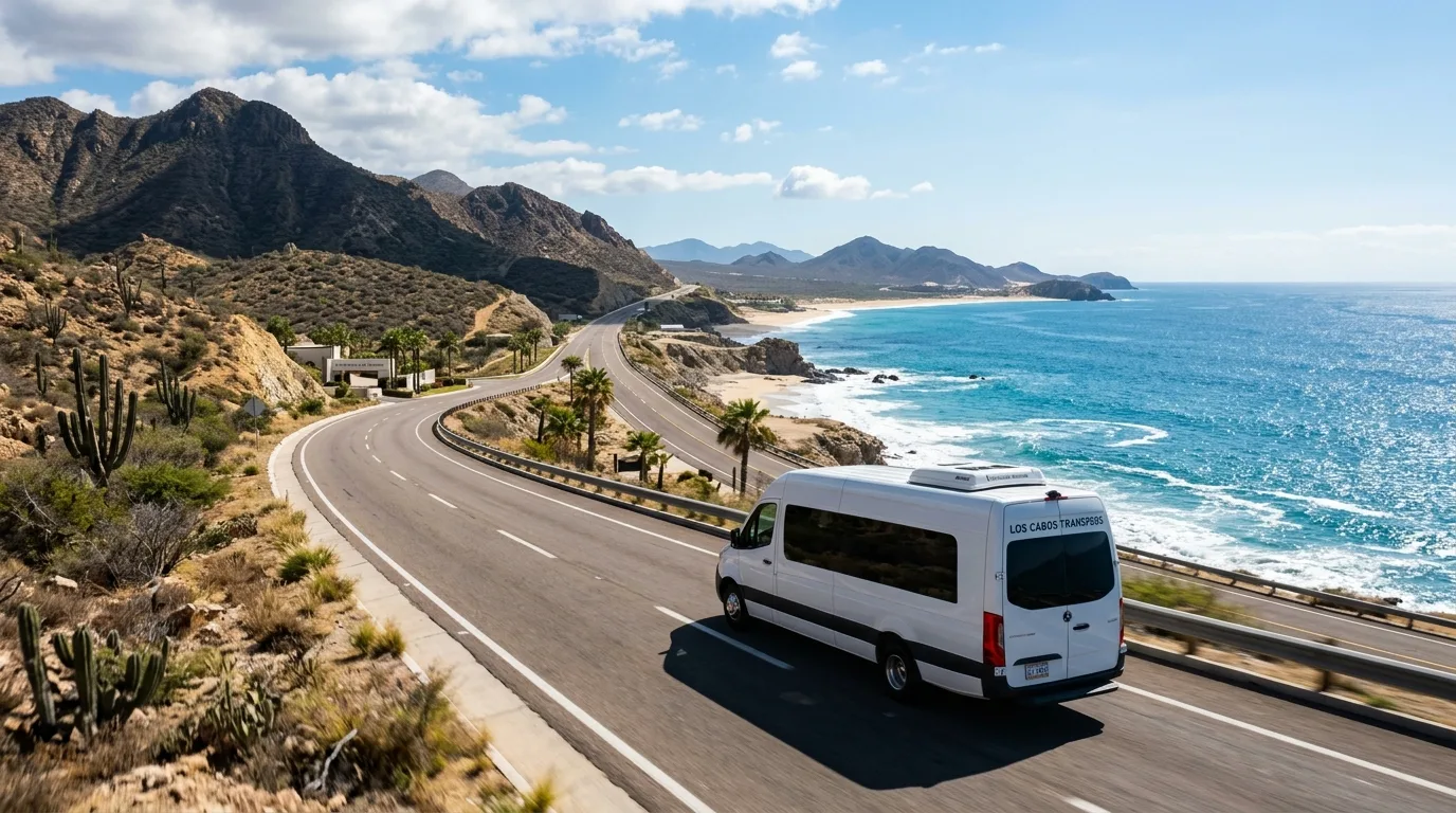 Exploring Los Cabos with Private Transportation Private transfer vehicle driving along the scenic Los Cabos Tourist Corridor with ocean views.