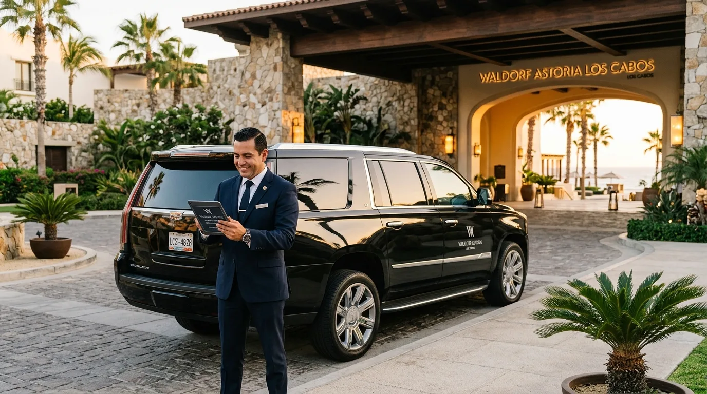 Modern private shuttle vehicle awaiting passengers at a luxury Los Cabos resort entrance.