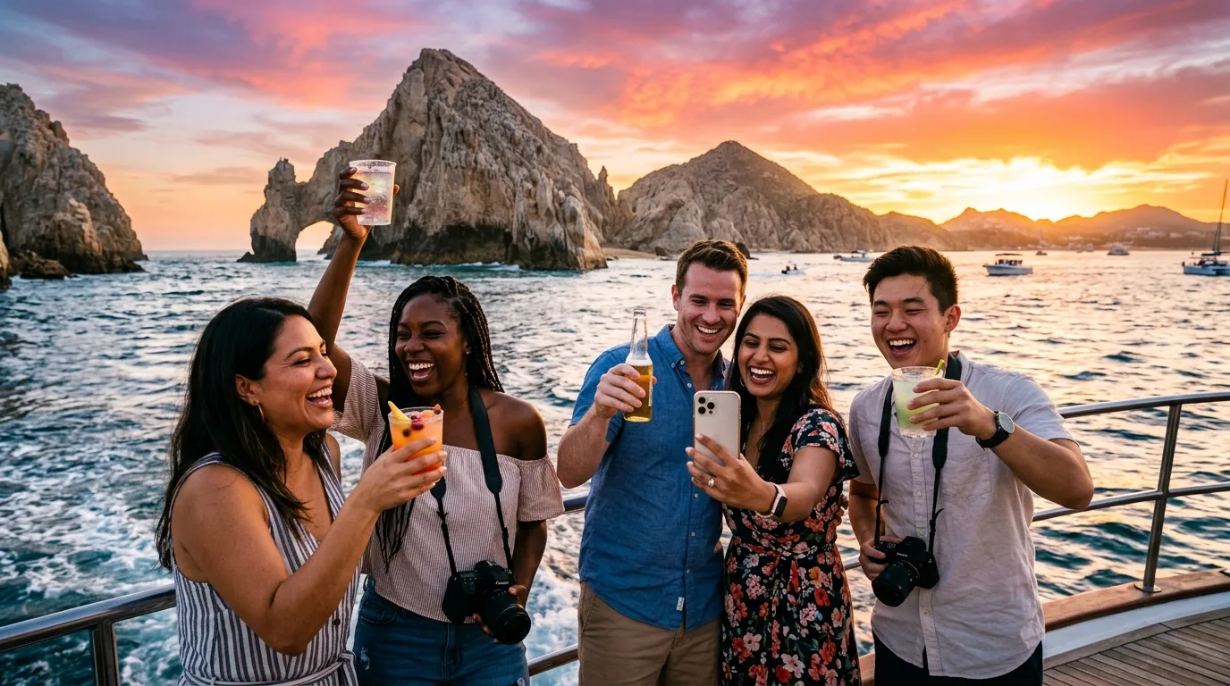 Group of friends enjoying a sunset boat tour near El Arco in Cabo San Lucas.