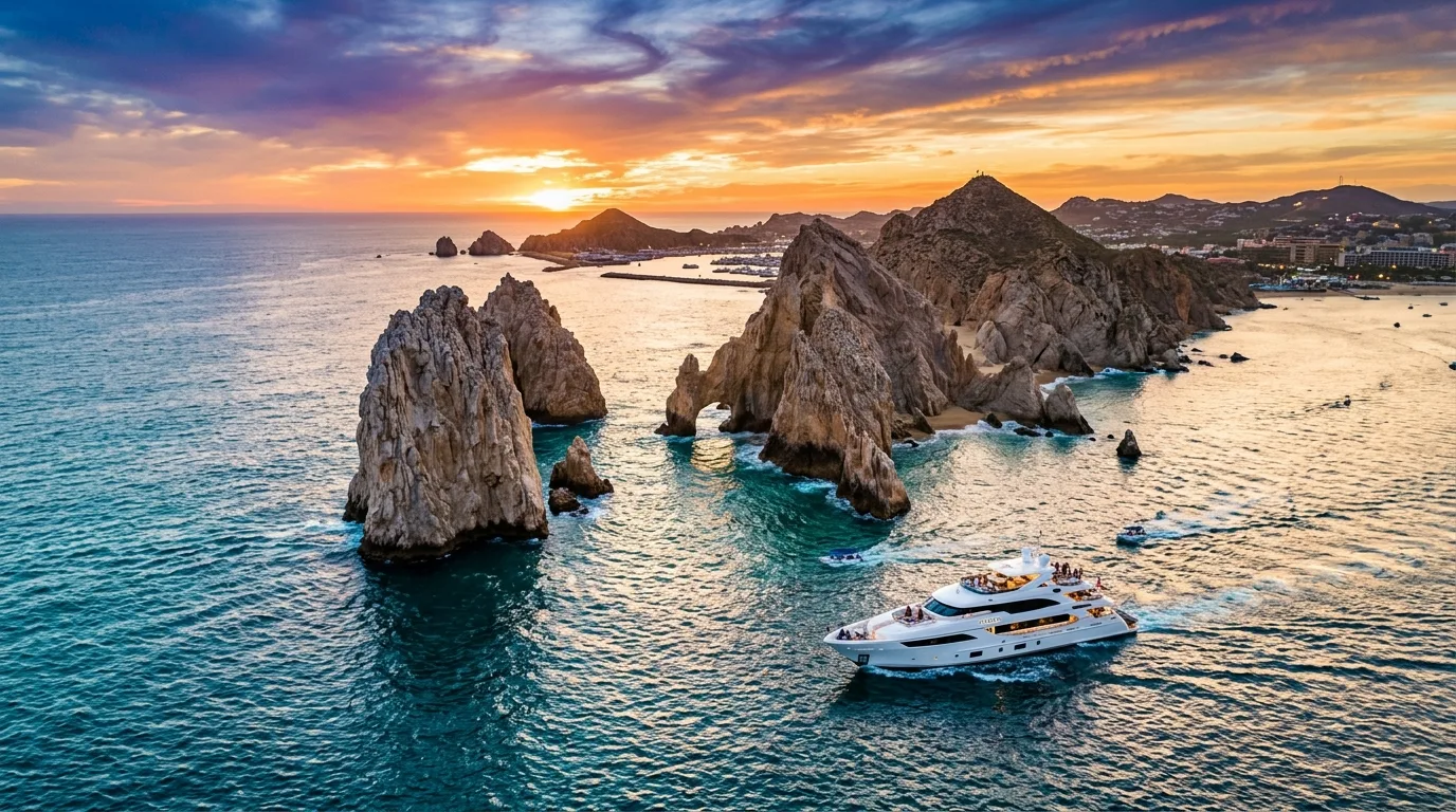 Iconic El Arco rock formation in Cabo San Lucas at sunset, surrounded by ocean