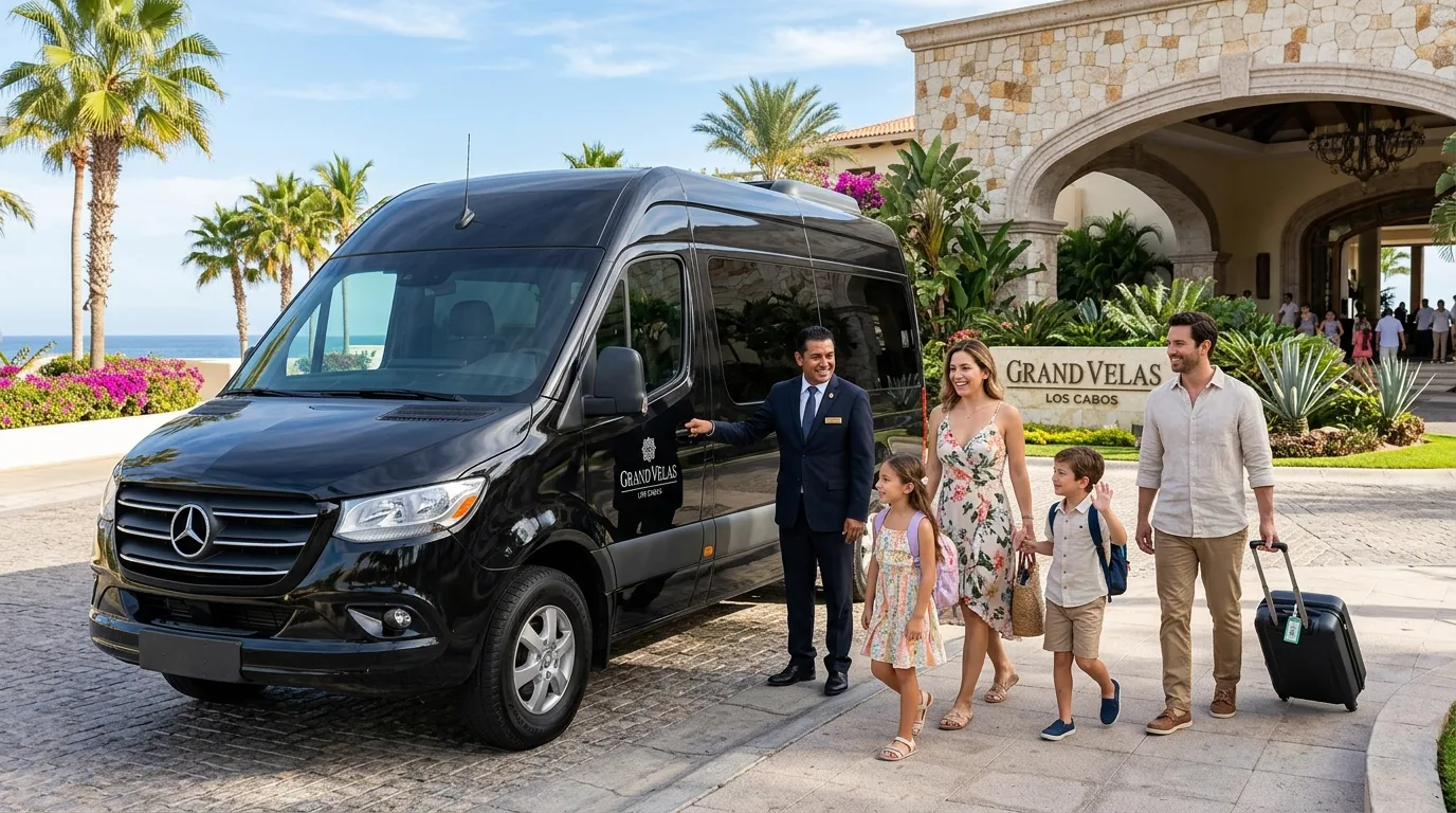 Private Mercedes Sprinter van airport transfer picking up a family at a Los Cabos luxury resort