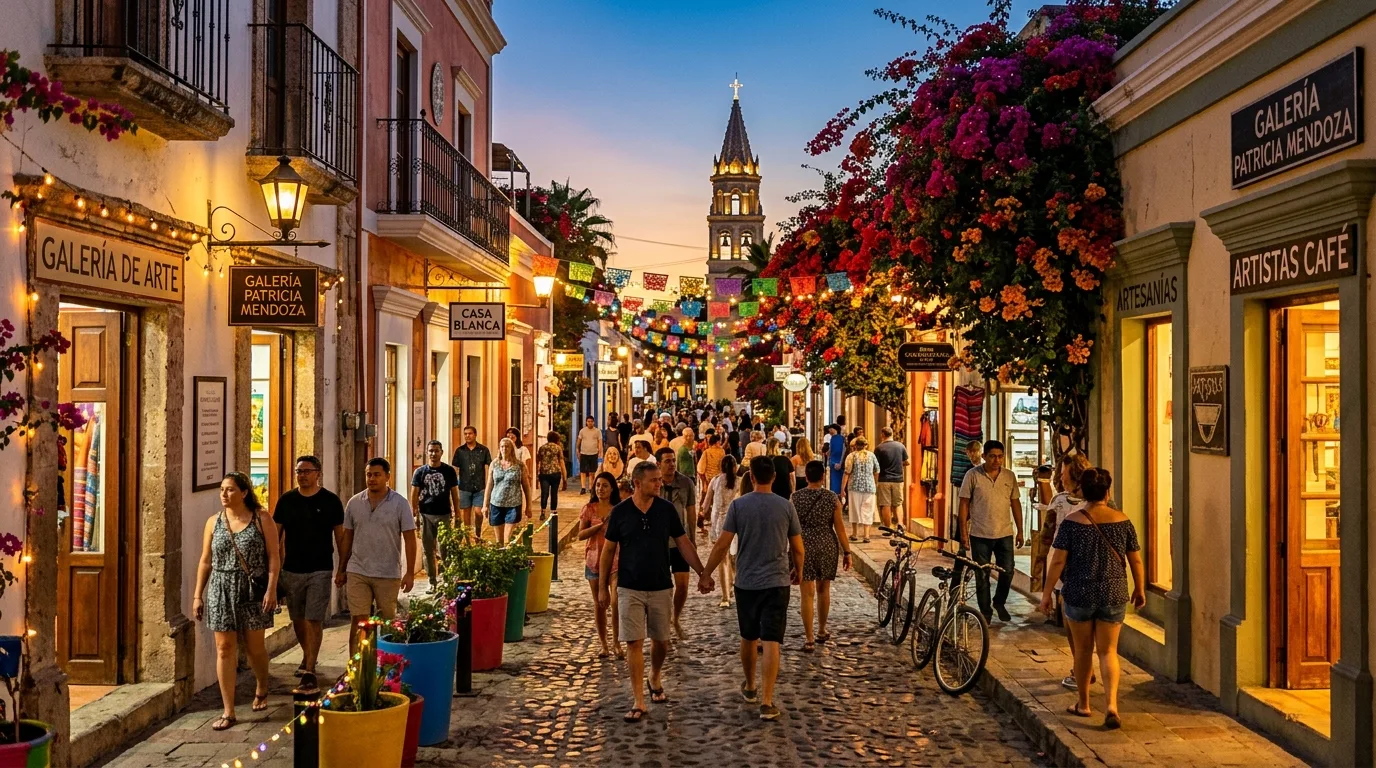 Historic Art District street in San José del Cabo with colorful buildings and people exploring galleries