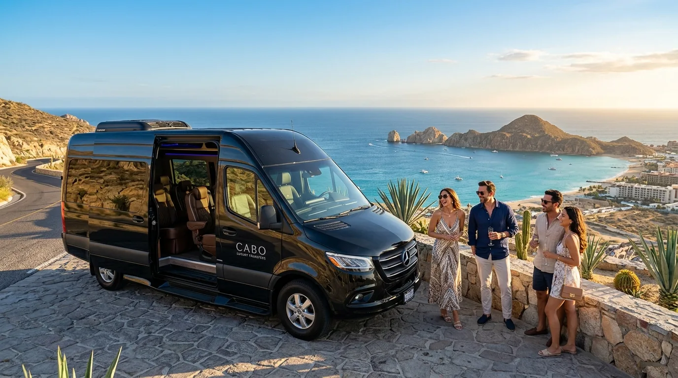 Luxury Mercedes Sprinter van for group transfers in Cabo, parked at a scenic Los Cabos viewpoint.