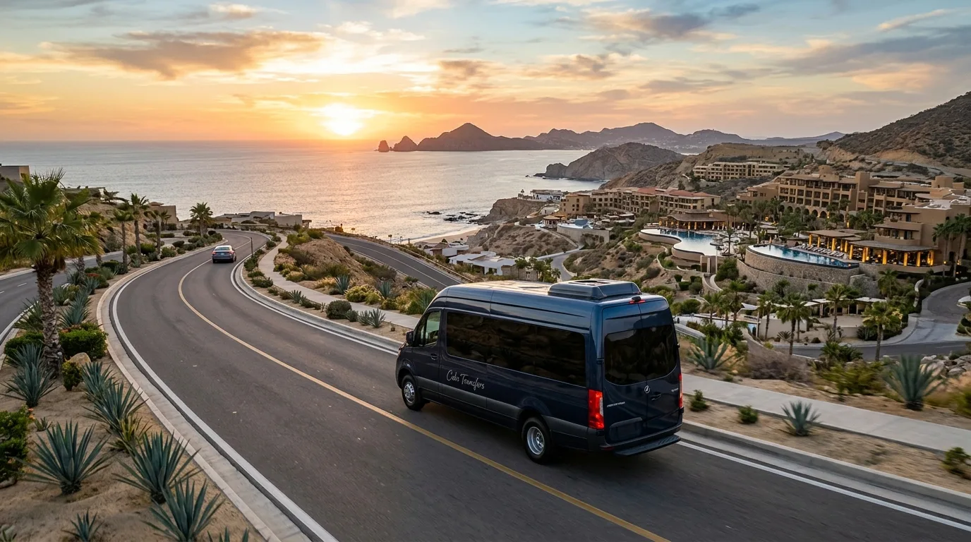 Professional driver assisting a group with luggage at a Cabo San Lucas resort for private transfer.