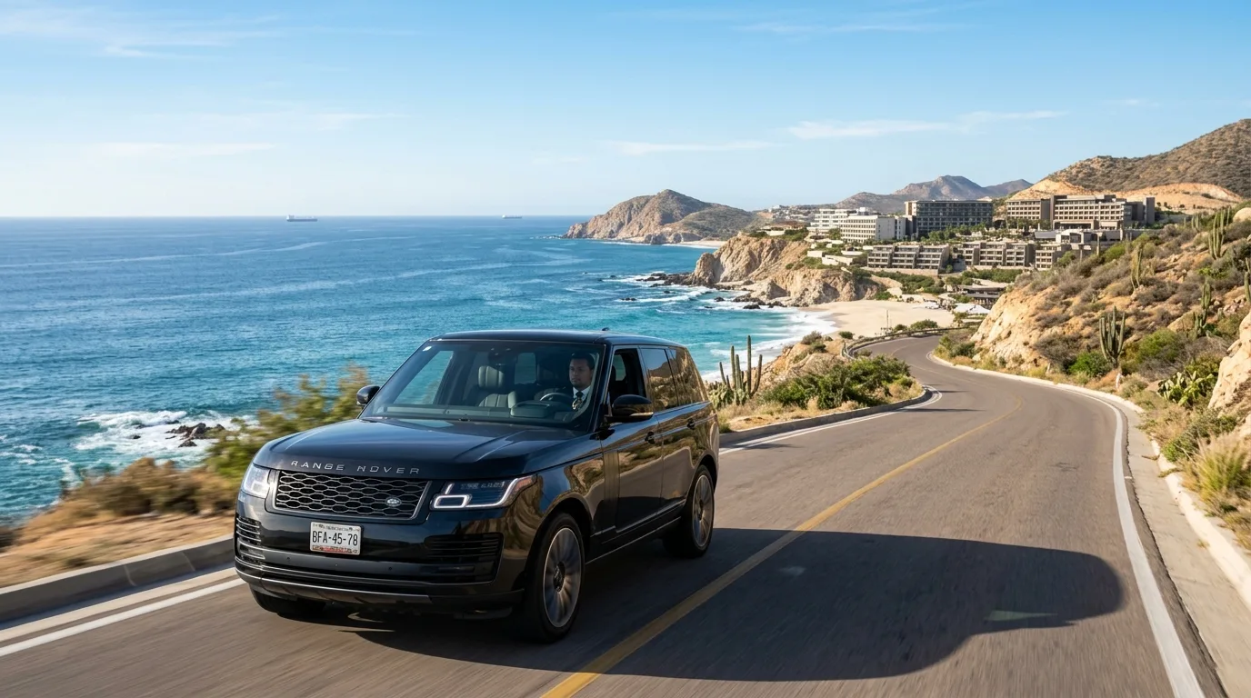 Private Transportation to Los Cabos Pacific Zone Resorts Luxury SUV driving on a coastal road in Los Cabos Pacific Zone