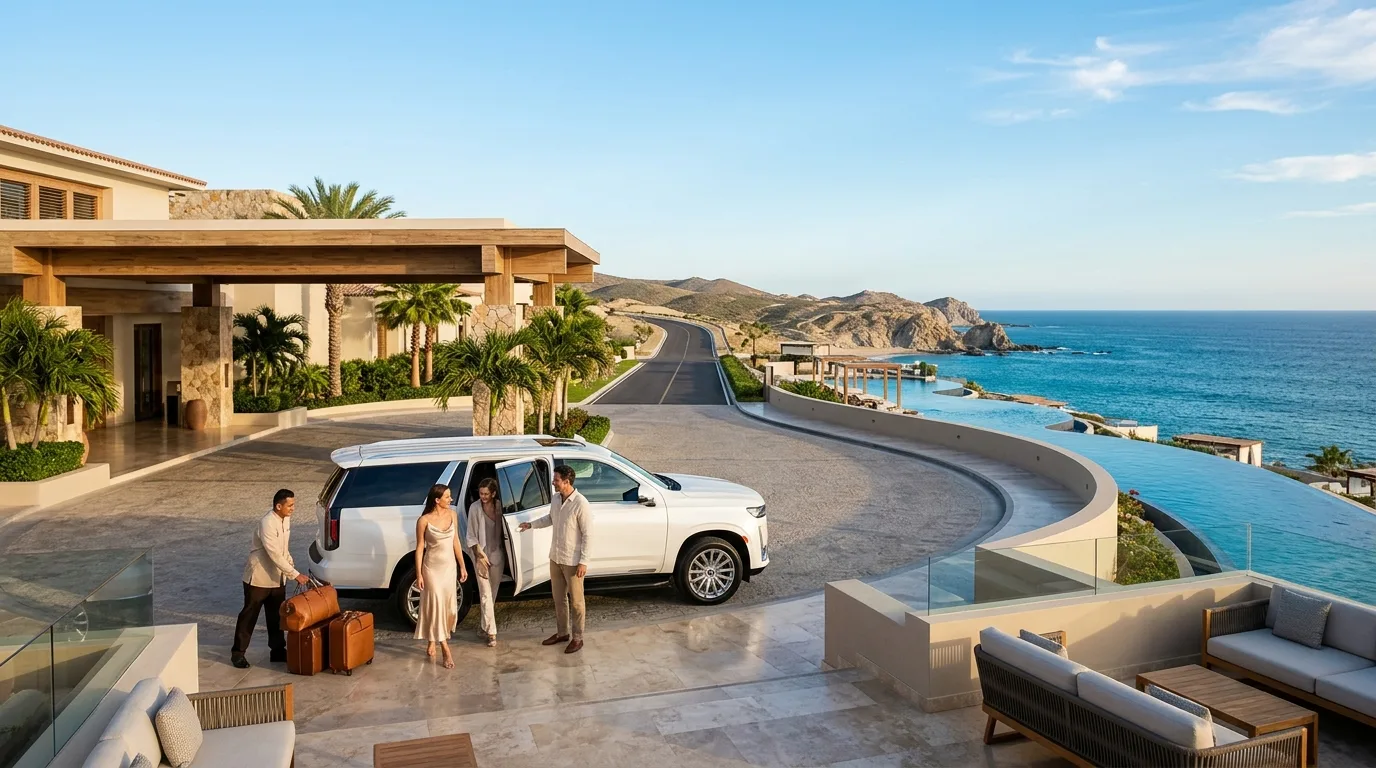 Seamless Arrival at Your Los Cabos Pacific Zone Resort Professional chauffeur assisting family with luggage into a private van at a Pacific Zone resort