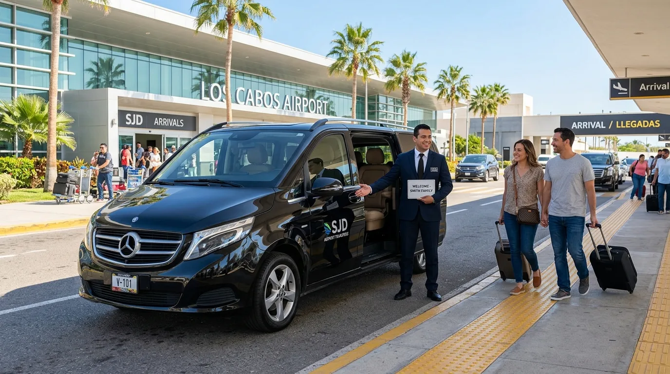 Luxury private transfer vehicle parked at SJD Airport with a professional driver ready to assist travelers.