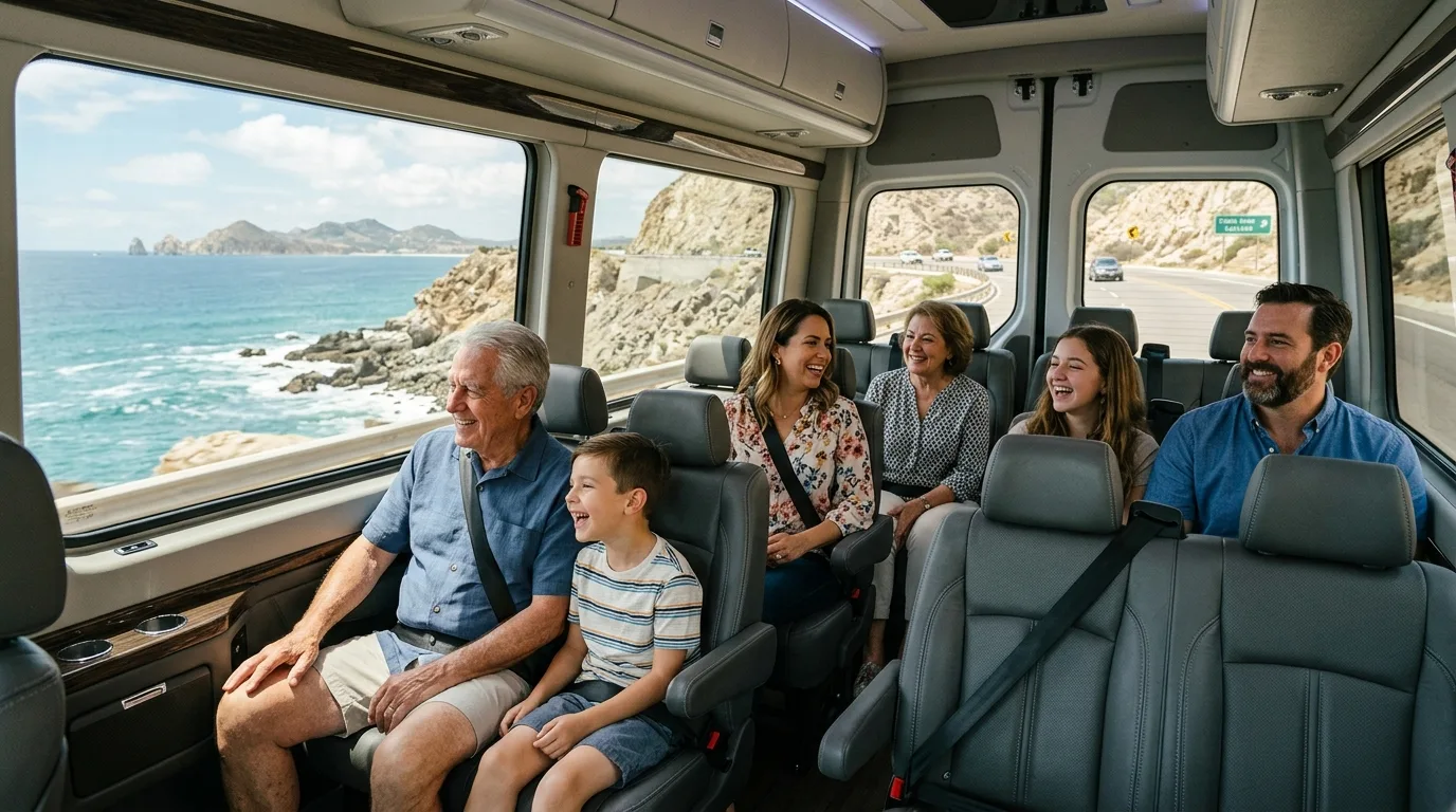 Happy family or group of friends enjoying a comfortable private transfer in a spacious van along a scenic Los Cabos road.