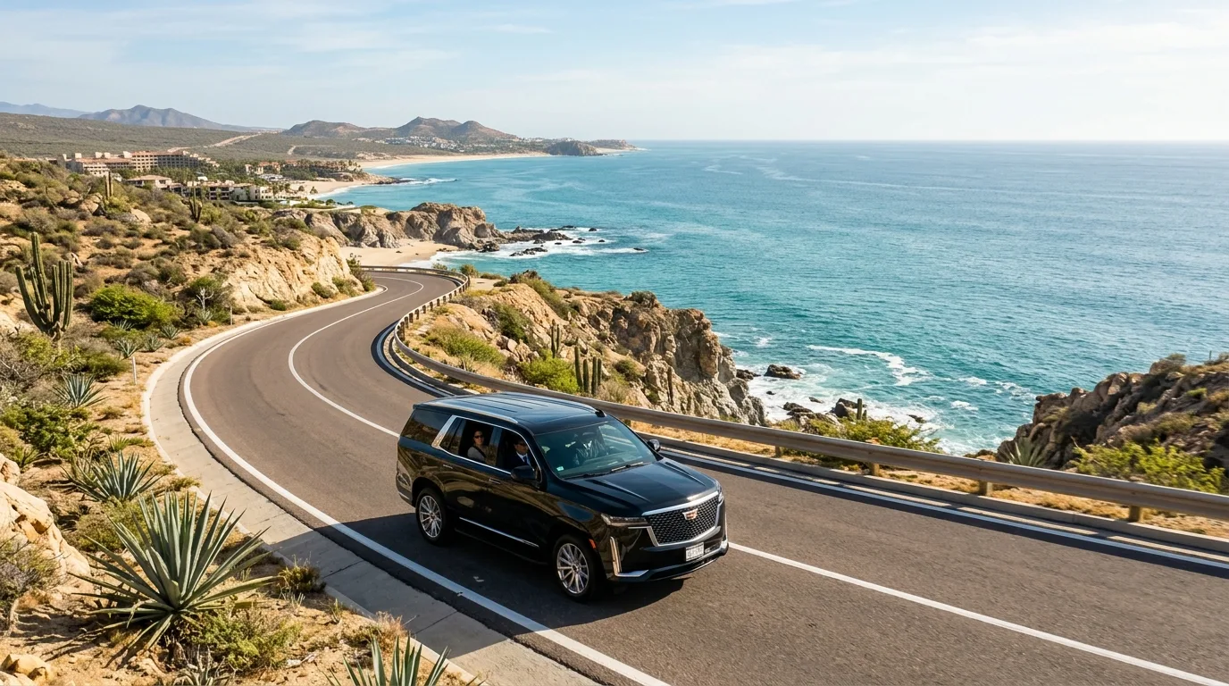 Elegant private SUV driving along a picturesque coastal highway in Los Cabos with ocean views.