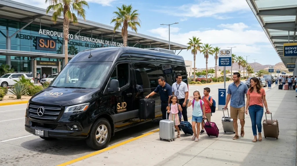 Luxury private shuttle van awaiting passengers at Los Cabos International Airport (SJD) with travelers approaching.