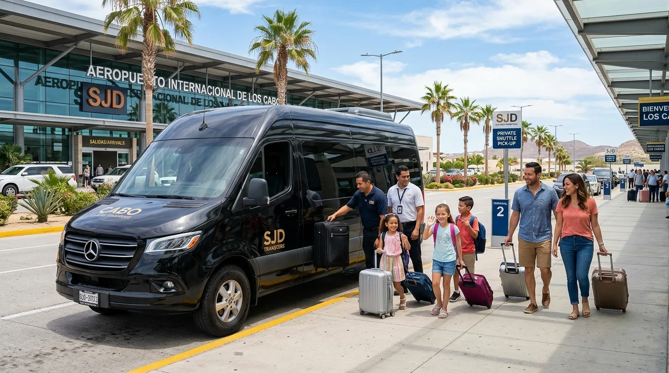 Luxury private shuttle van awaiting passengers at Los Cabos International Airport (SJD) with travelers approaching.