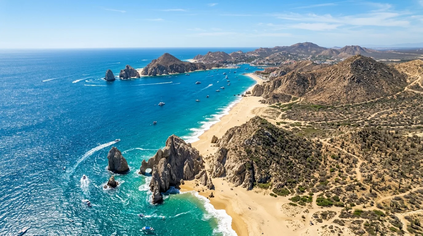Panoramic view of Los Cabos showcasing the desert landscape meeting the Sea of Cortez with El Arco in the distance.