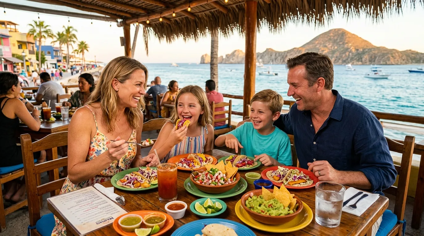 Family enjoying authentic Mexican seafood and tacos at an outdoor restaurant in Los Cabos.