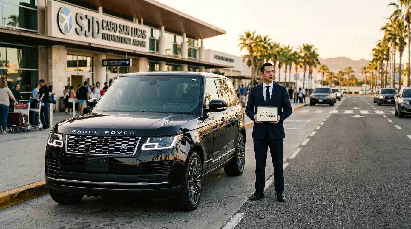 Professional chauffeur awaiting arriving guests outside SJD Airport with a luxury SUV in Los Cabos