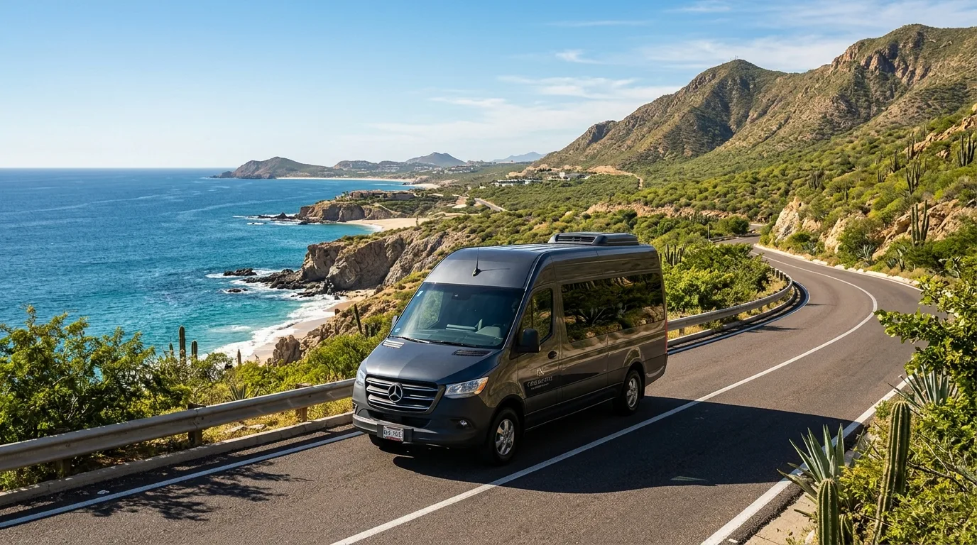 Luxury private shuttle van traveling along the scenic Los Cabos Tourist Corridor