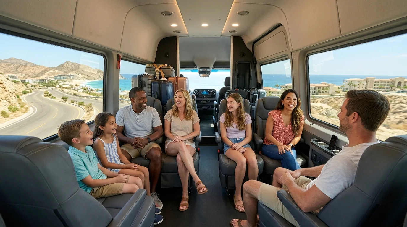 Happy family and friends traveling comfortably in a spacious private transfer van in Los Cabos