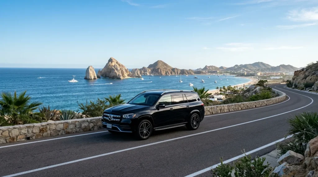 Luxury black SUV parked on a scenic coastal road with El Arco in the distance in Cabo San Lucas