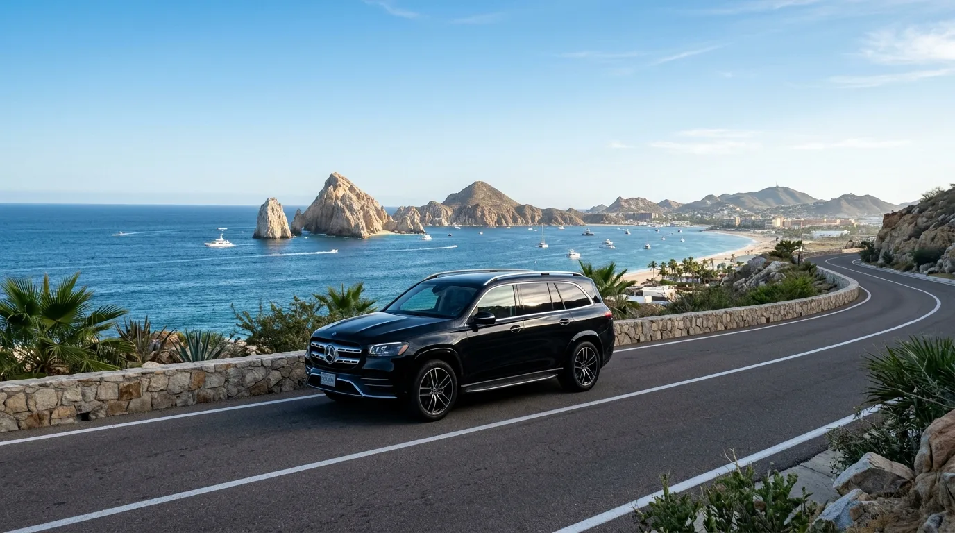 Luxury black SUV parked on a scenic coastal road with El Arco in the distance in Cabo San Lucas