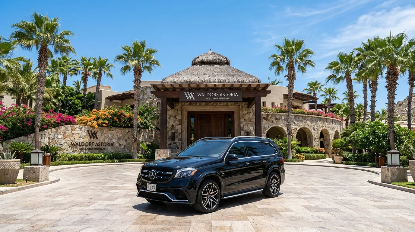 Sleek black luxury SUV parked at a high-end resort entrance in Cabo San Lucas