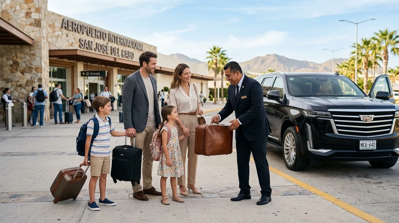 Professional chauffeur assisting a family with luggage at SJD Airport arrivals in Los Cabos