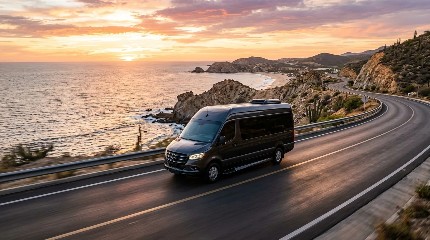 Luxury Mercedes Sprinter van on a scenic coastal road in Los Cabos with ocean views