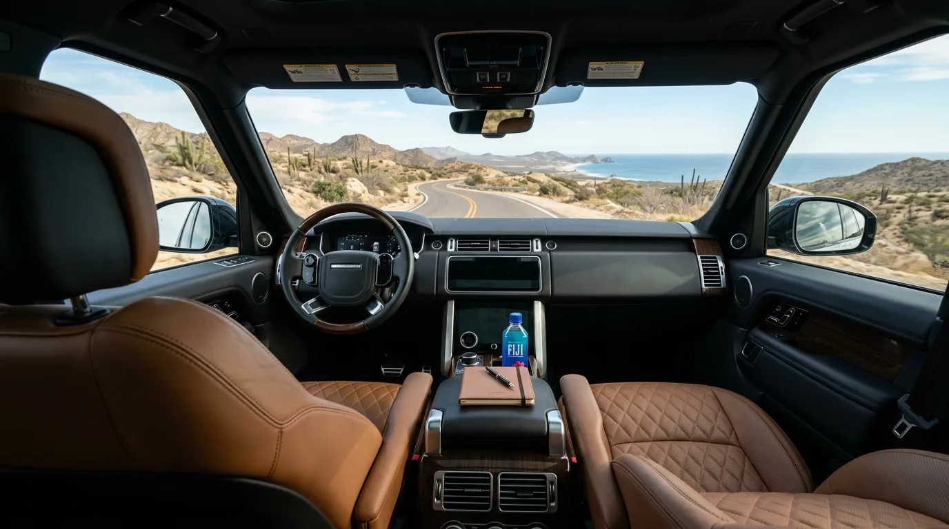 Pristine luxury SUV interior with ocean view on a scenic road in Los Cabos