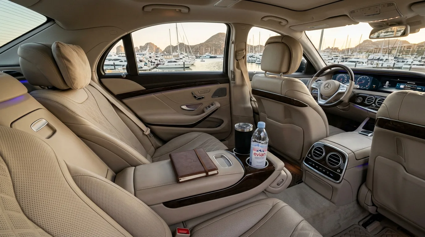 Interior of a luxury sedan showing plush seating and view of Cabo San Lucas marina