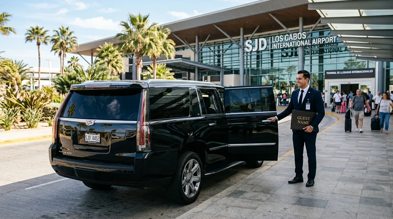 Professional chauffeur holding a personalized sign for private airport transportation Cabo San Lucas at SJD Airport arrivals.