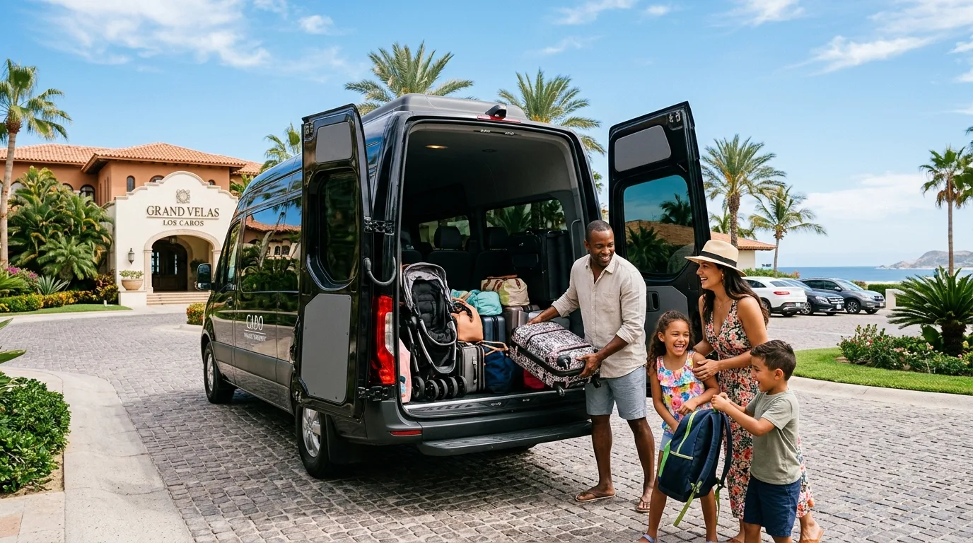 Effortless Family & Group Airport Transfers in Cabo Family loading luggage into a spacious private shuttle van at a Cabo San Lucas resort, highlighting ease of group airport transfer.