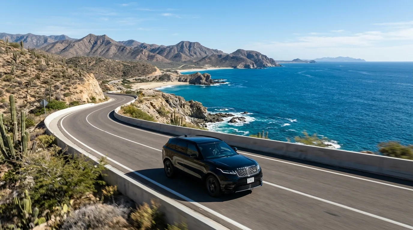 Modern black SUV driving along a scenic Los Cabos coastal road with the Sea of Cortez in the background.