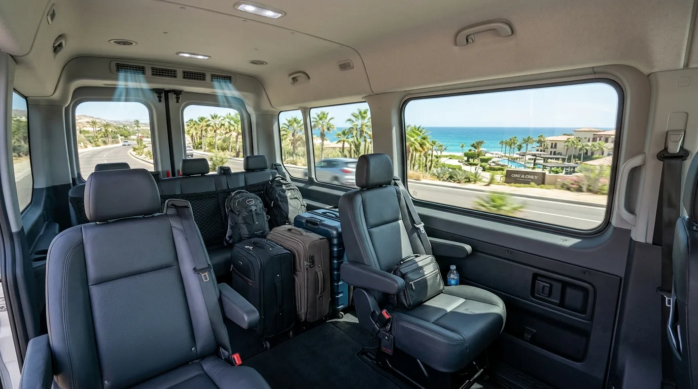Interior view of a spacious private transfer van, showcasing comfortable seating and ample luggage space for travelers in Los Cabos.