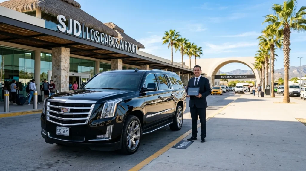 Luxury black SUV parked at SJD airport terminal with a professional chauffeur holding a tablet, ready for private car service in Cabo San Lucas.