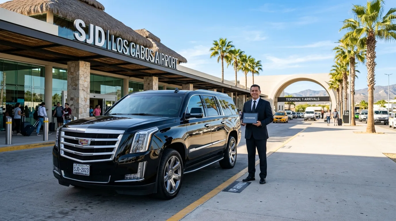 Luxury black SUV parked at SJD airport terminal with a professional chauffeur holding a tablet, ready for private car service in Cabo San Lucas.