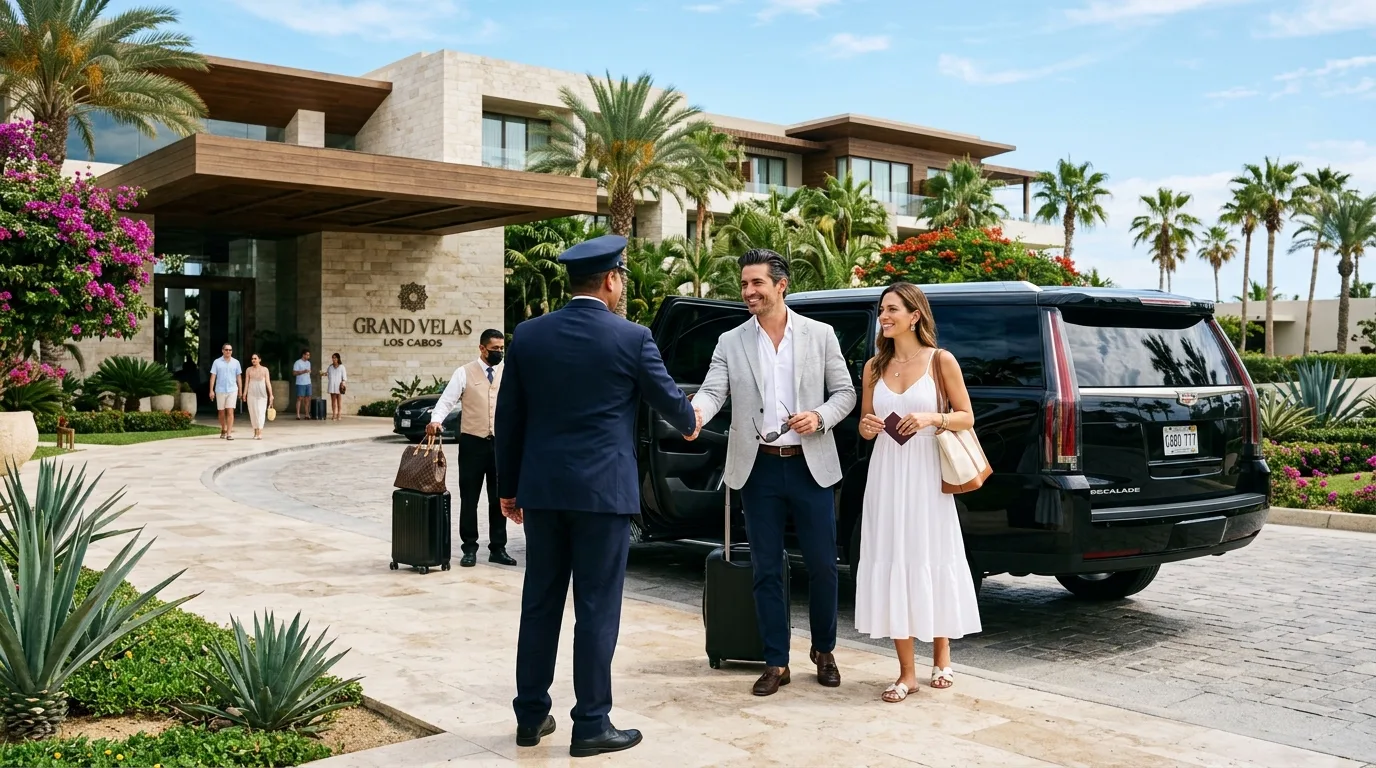 Well-dressed couple being greeted by a private chauffeur at a luxury resort entrance in Cabo San Lucas, highlighting personalized transfers.