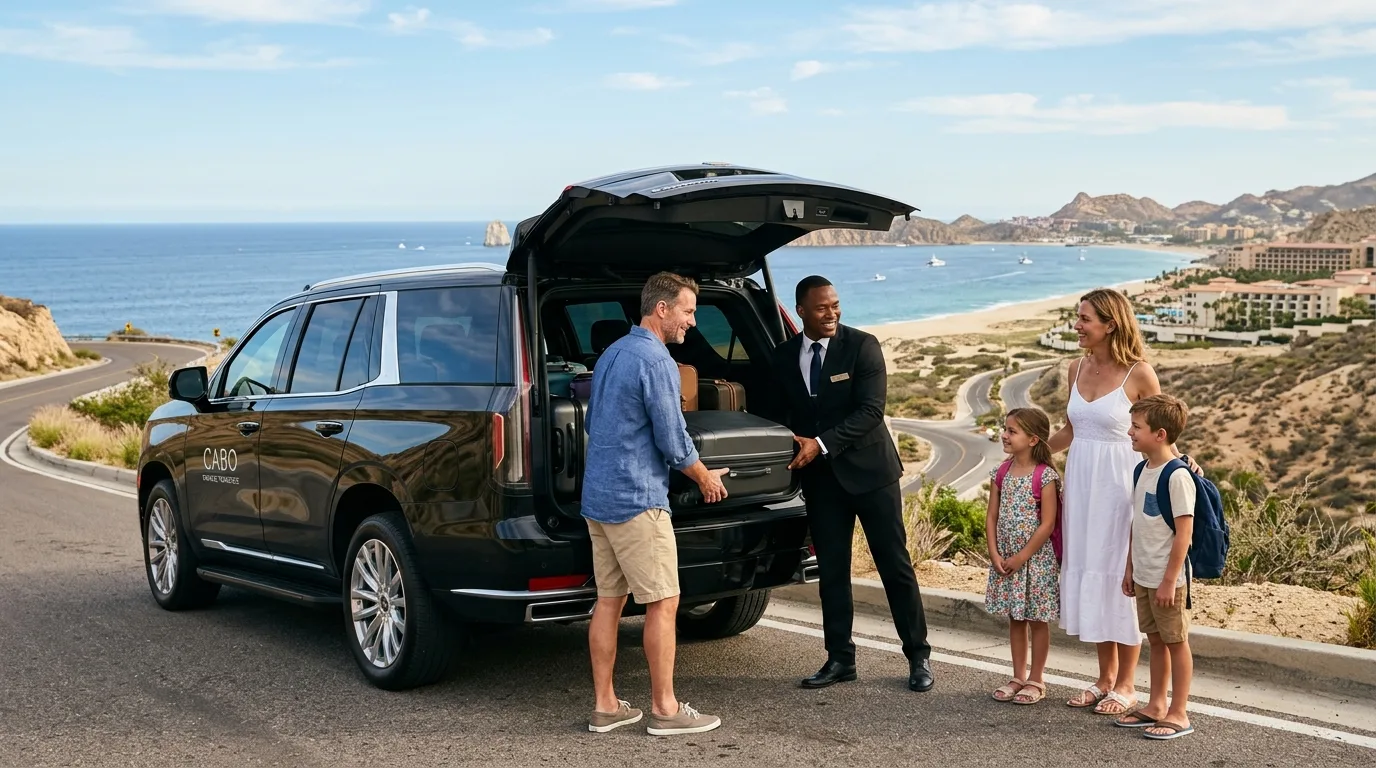 Professional chauffeur assisting a family with luggage into a spacious black SUV, emphasizing reliable private transfers Cabo for groups.