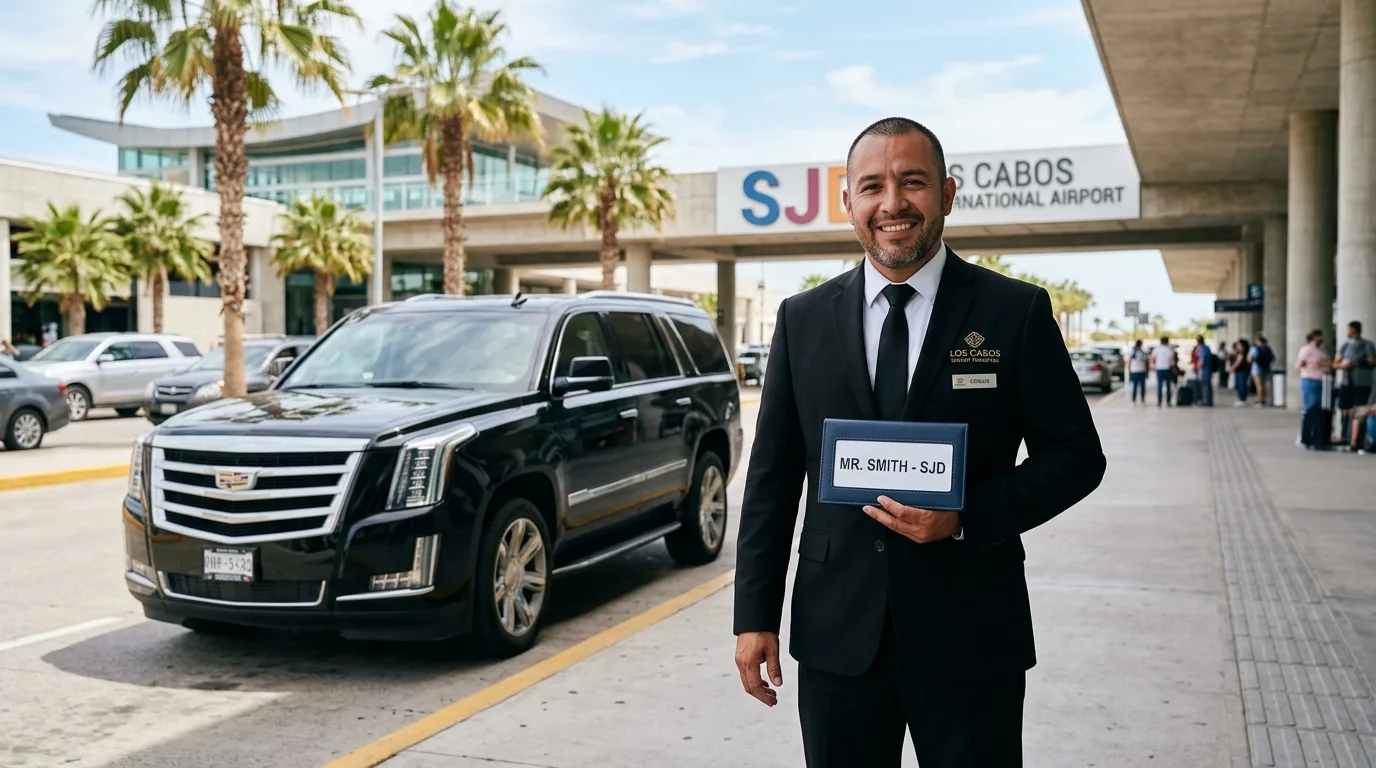 Professional chauffeur holding a name sign outside SJD Los Cabos Airport with a luxury SUV