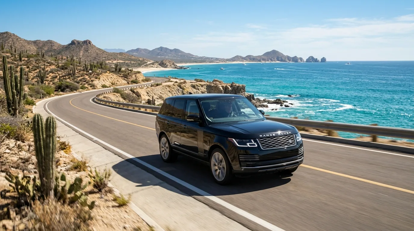 Coastal Drive with Private Car Service in Los Cabos Luxury SUV driving along the scenic Los Cabos Tourist Corridor by the ocean