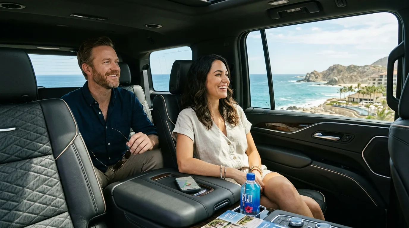 Comfortable Interior of a Private Car Service Los Cabos Couple relaxing in the back of a private luxury car in Los Cabos looking at the view