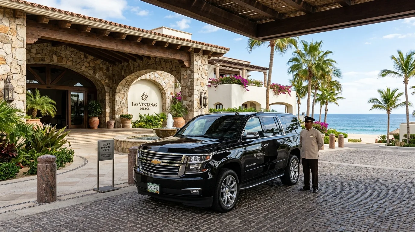 Luxury black SUV parked at a premier resort in the Los Cabos Tourist Corridor, ready for private car service.