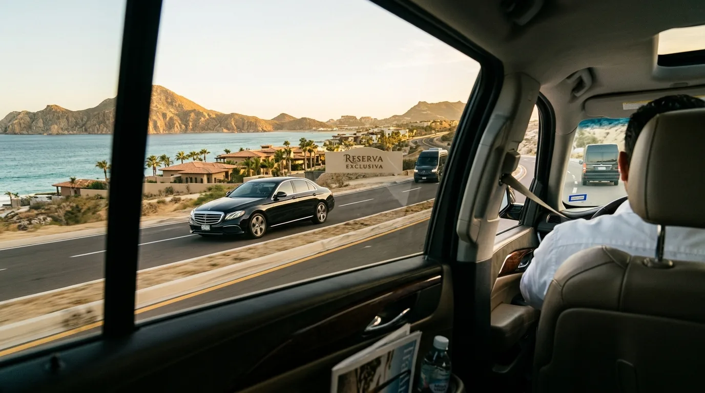 Professional chauffeur assisting travelers with luggage into a private luxury van for transportation in the Los Cabos Tourist Corridor.